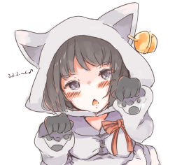 Rule 34 | 1girl, animal ears, animal hood, bell, blush, bravely default: fairy&#039;s effect, bravely default (series), breasts, cat ears, cat hood, character request, commentary request, head tilt, highres, hood, jingle bell, kotonoshi, long sleeves, looking at viewer, medium breasts, paw pose, simple background, sketch, solo, translation request, triangle mouth, upper body, white background