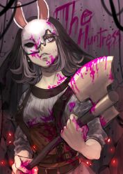 Rule 34 | 1girl, axe, belt, blood, blood on face, blood on clothes, breasts, broken mask, brown hair, character name, commentary request, cosplay, danganronpa (series), danganronpa 2: goodbye despair, dead by daylight, doggye (zginrwsn), habit, hands up, highres, holding, holding axe, holding weapon, long sleeves, mask, medium breasts, medium hair, nanami chiaki, parted lips, pink blood, pink eyes, smile, solo, teeth, the huntress (dead by daylight), the huntress (dead by daylight) (cosplay), upper body, weapon