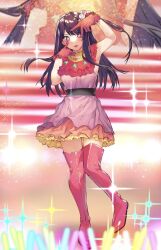 Rule 34 | 1girl, belt, black belt, blurry, blurry foreground, blush, boots, breasts, brooch, commentary, dress, floating hair, frilled dress, frilled gloves, frills, gloves, glowstick, hair ornament, hair ribbon, heart, heart brooch, highres, hoshino ai (oshi no ko), jewelry, light particles, long hair, looking at viewer, one side up, oshi no ko, pink dress, pink footwear, pink gloves, pink ribbon, purple eyes, purple hair, rabbit hair ornament, ribbon, screen zoom, sidelocks, sleeveless, sleeveless dress, small breasts, solo, sparkle, star-shaped pupils, star (symbol), symbol-shaped pupils, thigh boots, thighhighs, tongue, tongue out, turtleneck, turtleneck dress, v over eye, yongo (ssaa9675), zettai ryouiki