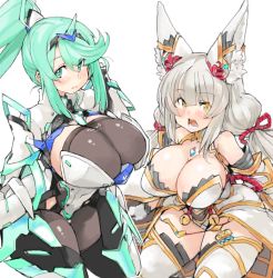 Rule 34 | 2girls, alternate breast size, animal ears, bare shoulders, blush, breasts, cat ears, cat girl, cleavage, covered navel, elbow gloves, gem, gloves, green eyes, green hair, hair ornament, headpiece, huge breasts, jewelry, large breasts, leotard, long hair, looking at viewer, multiple girls, nia (blade) (xenoblade), nia (xenoblade), nintendo, open mouth, pantyhose, pneuma (xenoblade), pointy ears, ponytail, ribbon, sachito, silver hair, spandex, spoilers, swept bangs, thighhighs, thighs, tiara, twintails, unicorn, very long hair, xenoblade chronicles (series), xenoblade chronicles 2, yellow eyes