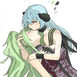 Rule 34 | 2girls, bare arms, black choker, black dress, blue hair, choker, closed mouth, commentary request, deep dig, dress, girls&#039; frontline, green hair, hand on another&#039;s head, hand on another&#039;s shoulder, highres, hug, long hair, m950a (girls&#039; frontline), multiple girls, parted lips, red eyes, simple background, strapless, strapless dress, thunder (girls&#039; frontline), twintails, white background, wristband, yuri