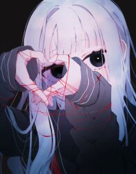 Rule 34 | 1girl, black background, black eyes, black sailor collar, black shirt, covered mouth, head tilt, heart, heart hands, highres, long sleeves, looking at viewer, nibinibi1030ssk, original, sailor collar, shirt, sleeves past wrists, solo, string, string of fate, white hair