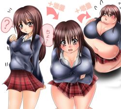 Rule 34 | 1girl, ?, breasts, brown hair, fat, huge breasts, school, school uniform, translation request, weight gain