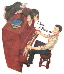 Rule 34 | 1boy, 1girl, black hair, book, colored pencil (medium), dress, english text, instrument, maid, metronome, music, original, piano, playing instrument, playing piano, short hair, simple background, smile, smoking pipe, stool, terrajin, traditional media, upright piano, white background