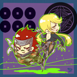 1boy 1girl absurdres backless_outfit black_bodysuit blonde_hair blue_border bodysuit border brown_eyes camouflage camouflage_pants chibi chibi_only fishnets forehead_protector green_outline highres holding holding_shuriken holding_weapon kasuga_(sengoku_basara) kunai leg_up looking_at_another mushimegane333 ninja open_mouth outline pants purple_background red_hair sanada_clan_(emblem) sengoku_basara short_hair short_hair_with_long_locks shuriken smirk weapon yellow_eyes