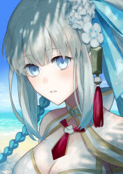 Rule 34 | 1girl, absurdres, beach, bikini, blue eyes, blue ribbon, blue sky, braid, breasts, cleavage, commentary request, fate/grand order, fate (series), flower, grey hair, hair flower, hair ornament, hair ribbon, highres, large breasts, long hair, looking at viewer, morgan le fay (fate), morgan le fay (water princess) (fate), nakanohiro, ocean, official alternate costume, outdoors, ponytail, ribbon, rose, sand, shadow, sidelocks, sky, solo, swimsuit, water, white bikini, white flower, white rose