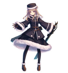 Rule 34 | 1girl, black hat, black pantyhose, black skirt, blonde hair, boots, brown eyes, brown footwear, brown gloves, floating hair, flower, full body, fur trim, gloves, hair flower, hair ornament, hat, highres, holding, holding sword, holding weapon, long hair, open mouth, original, outstretched arms, pantyhose, simple background, skirt, solo, sword, tenmaso, weapon, white background, white flower, winter clothes