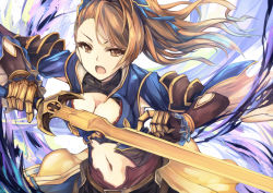 Rule 34 | 10s, 1girl, armor, beatrix (granblue fantasy), blue ribbon, breasts, brown eyes, brown hair, cleavage, cleavage cutout, clothing cutout, crop top, eyelashes, female focus, gauntlets, granblue fantasy, hair ribbon, highres, holding, holding sword, holding weapon, large breasts, long hair, looking at viewer, navel, open mouth, otogi kyouka, ponytail, ribbon, solo, stomach, swept bangs, sword, upper body, weapon