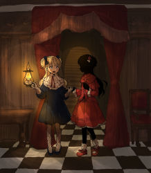 Rule 34 | 2girls, blue bow, blue dress, blue footwear, bow, capelet, center frills, chair, chuchi, commentary, curtains, dress, emilico (shadows house), fishnet gloves, fishnets, flower, footwear bow, frills, full body, gloves, hair bow, hair flower, hair ornament, hair ribbon, indoors, kate (shadows house), long hair, long sleeves, looking at another, mary janes, multiple girls, night, oil lamp, red bow, red dress, red flower, red footwear, red rose, ribbon, rose, shadow (shadows house), shadows house, shoes, socks, standing, table, tiles, two side up, white ribbon, white socks