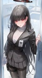 Rule 34 | 1girl, absurdres, black hair, black jacket, black pantyhose, black skirt, blazer, blue archive, breasts, door, hair ornament, hairclip, halo, highres, id card, jacket, kerno, large breasts, long hair, long sleeves, looking at viewer, miniskirt, pantyhose, parted lips, pleated skirt, red eyes, ribbed sweater, rio (blue archive), skindentation, skirt, solo, sweater, thigh strap, turtleneck, turtleneck sweater, very long hair, white sweater, wing collar
