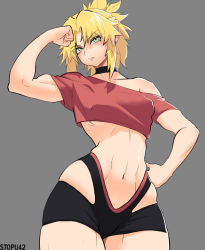 Rule 34 | 1girl, aqua eyes, bare shoulders, blonde hair, blush, breasts, choker, covered erect nipples, fate/apocrypha, fate (series), flexing, grey background, hand on own hip, highres, looking at viewer, mordred (fate), mordred (fate/apocrypha), navel, ponytail, shorts, simple background, solo, stopu, underboob