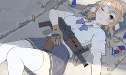 Rule 34 | 1girl, aks-74u, assault rifle, black skirt, blonde girl (itou), blonde hair, blouse, blue bow, blue bowtie, blue eyes, bow, bowtie, bra visible through clothes, breasts, brown gloves, commentary request, draco (weapon), gloves, gun, itou (onsoku tassha), kalashnikov rifle, looking at viewer, lying, medium breasts, miniskirt, on back, on ground, one eye closed, original, pleated skirt, red bull, rifle, school uniform, shell casing, shirt, short sleeves, skirt, solo, thighhighs, weapon, white shirt, white thighhighs, wing collar