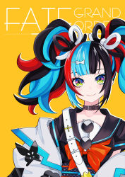 Rule 34 | 1girl, absurdres, text background, black hair, black sailor collar, black shirt, blue hair, bow, brown collar, closed mouth, collar, collarbone, commentary request, copyright name, drop shadow, eyebrows hidden by hair, eyelashes, fate/grand order, fate (series), green eyes, hair bow, hair ornament, hairclip, highres, jacket, multicolored eyes, multicolored hair, obi, off shoulder, open clothes, open jacket, orange background, puffy sleeves, purple eyes, red bow, red hair, romaji text, sailor collar, sash, sei shounagon (fate), shirt, short sleeves, smile, solo, two-tone hair, upper body, white bow, white jacket, yuuta (yuuta0312)