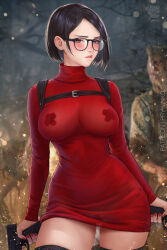Rule 34 | 1girl, 2boys, 3d background, ada wong, arms at sides, artist logo, artist name, black eyes, black hair, black panties, black thighhighs, blood, blood on clothes, blurry, blurry background, blush, bob cut, bokeh, bra, bra visible through clothes, breasts, buckle, cleavage, closed mouth, contrapposto, cowboy shot, depth of field, dress, dual wielding, finger on trigger, glasses, gun, handgun, harness, highres, holding, holding gun, holding weapon, lace, lace-trimmed legwear, lace-trimmed panties, lace trim, large breasts, light particles, lips, long sleeves, looking afar, looking to the side, multiple boys, nail polish, outdoors, panties, parted bangs, pasties, pink lips, prywinko, red dress, red nails, resident evil, resident evil 4, resident evil 4 (remake), see-through, shirt, short dress, short hair, signature, solo focus, standing, straight-on, straight hair, sweater, sweater dress, swept bangs, thick thighs, thighhighs, thighs, turtleneck, turtleneck dress, underwear, weapon, wide hips, zettai ryouiki