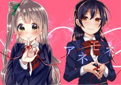 Rule 34 | 2girls, absurdres, bjcrk453, blue hair, blush, bow, commentary request, flower, grey hair, hair between eyes, hair bow, highres, long hair, looking at viewer, love live!, love live! school idol project, minami kotori, multiple girls, one side up, otonokizaka school uniform, school uniform, smile, sonoda umi, steepled fingers, string, string of fate, upper body, yellow eyes