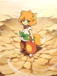 Rule 34 | 1girl, 3me da, animal ears, bad id, bad twitter id, fox ears, fox tail, full body, green eyes, looking at viewer, orange hair, pants, puffy pants, red pants, ruoshui (the legend of luoxiaohei), shirt, short hair, short sleeves, smile, solo, standing, tail, luo xiaohei zhanji, white shirt