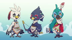 Rule 34 | 3boys, absurdres, aged down, animal feet, arms at sides, arms behind back, bandana, bare shoulders, beak, bird boy, bird legs, bird tail, black fur, blue background, blue fur, blue hair, blush stickers, body fur, bow (weapon), child, claws, closed mouth, feather hair ornament, feathers, full body, furry, furry male, gradient background, green eyes, grey fur, grey shirt, hair ornament, hand on own hip, highres, holding, holding bow (weapon), holding paper, holding weapon, kass, legs together, looking at viewer, male focus, multicolored fur, multiple boys, nintendo, open mouth, paper, ponytail, red feathers, revali, rito, scroll, sheet music, shirt, short hair, simple background, smile, standing, tail, teba (zelda), the legend of zelda, the legend of zelda: breath of the wild, ukata, v-shaped eyebrows, weapon, white bandana, white fur, winged arms, wings, yellow eyes, yellow fur