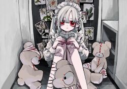 Rule 34 | 1girl, bandaged leg, bandages, bandaid, bandaid on knee, bandaid on leg, blood, blood on hands, bow, bowtie, closed mouth, commentary request, dress, feet out of frame, frilled dress, frills, grey bow, grey bowtie, hair over one eye, hair ribbon, hands on own knees, highres, indoors, knees up, long bangs, long hair, long sleeves, looking at viewer, maid headdress, on floor, original, oshio (shioqqq), photo (object), red eyes, ribbon, sitting, solo, stuffed animal, stuffed toy, teddy bear, two side up, white dress, white hair, white ribbon