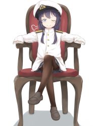 Rule 34 | 1girl, ;), admiral (kancolle), admiral (kancolle) (cosplay), akatsuki (kancolle), arm rest, armchair, black skirt, blue eyes, brown footwear, brown pantyhose, chair, closed mouth, commentary request, cosplay, crossed legs, female admiral (kancolle), full body, haamon (harmon), hat, highres, jacket, kantai collection, little girl admiral (kancolle), loafers, long hair, long sleeves, looking at viewer, military, military uniform, one eye closed, pantyhose, peaked cap, pleated skirt, purple hair, shoes, simple background, skirt, smile, smug, solo, uniform, very long hair, vipper captain, white background, white hat, white jacket