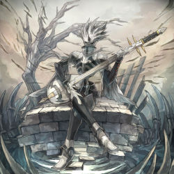 Rule 34 | 1boy, armor, bare tree, beet the vandel buster, black eyes, black horns, bone, breastplate, brick, broken, cape, cloud, cloudy sky, covered mouth, crack, fingernails, greaves, grey cape, grey hair, grey theme, guitar, highres, holding, holding instrument, horns, instrument, crossed legs, long fingernails, male focus, moekemari, music, no pupils, outdoors, pauldrons, playing, playing instrument, see-through, sharp fingernails, shoulder armor, single horn, sitting, sky, solo, spiked hair, torn, torn cape, torn clothes, tree, water, white footwear