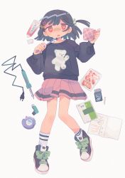 Rule 34 | 1girl, bandaid, bandaid on face, bandaid on nose, cigarette, cigarette pack, cup, daizu (melon-lemon), drooling, full body, grey background, highres, holding, inhaler, leg lift, long sleeves, looking at viewer, mug, open mouth, original, plaid, pleated skirt, ribbon, shoes, simple background, skirt, sneakers, socks, solo, sweater, symbol-shaped pupils, toothbrush, toothpaste