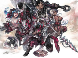Rule 34 | 2girls, 3boys, adjusting clothes, adjusting headwear, alternate costume, aoin, ass, axe, beard, black gloves, black hair, blue hair, breasts, card, cleavage, darius (league of legends), facial hair, flat chest, gatling gun, gloves, gun, hat, highres, horns, jinx (league of legends), kennen, large breasts, league of legends, minigun, multiple boys, multiple girls, nidalee, over shoulder, playing card, polearm, red eyes, shuriken, single horn, smile, spear, tattoo, thighs, twisted fate, weapon, white hair