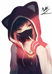 Rule 34 | 1girl, blouse, earrings, finger to mouth, highres, hood, hoodie, jewelry, looking at viewer, mask, original, pendant, red hair, shimmer, shirt, solo, yellow eyes