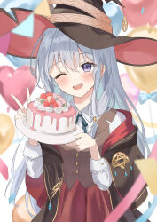 Rule 34 | 1girl, absurdres, balloon, birthday cake, blush, brown vest, cake, collared shirt, commentary request, elaina (majo no tabitabi), food, grey hair, hat, heart balloon, highres, holding, holding plate, k2 (kazu1030), majo no tabitabi, one eye closed, plate, purple eyes, shirt, solo, upper body, vest, witch hat