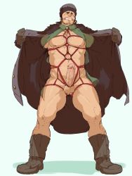 Rule 34 | 1boy, abs, absurdres, bara, bare pectorals, beard, boots, character request, chest hair, coat, copyright request, embarrassed, erection, facial hair, green shirt, highres, large pectorals, leg hair, male focus, mature male, muscular, muscular male, navel, nipples, no pants, open clothes, open coat, open shirt, pectorals, penis, piikeisandaa, red rope, rope, shibari, shirt, short hair, sideburns, solo, stomach, stubble, thick thighs, thighs, uncensored, winter clothes