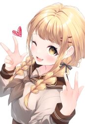 Rule 34 | 1girl, ;d, blonde hair, blush, braid, brown neckerchief, brown serafuku, commentary, double w, fang, fujita kotone, gakuen idolmaster, hair ribbon, haruhitooo, heart, highres, idolmaster, long hair, long sleeves, looking at viewer, neckerchief, one eye closed, open mouth, ribbon, school uniform, serafuku, simple background, skin fang, smile, solo, twin braids, w, white background, yellow eyes