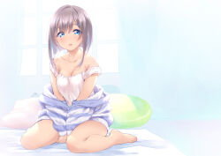 Rule 34 | 1girl, backlighting, bare legs, bare shoulders, barefoot, blue eyes, blush, breasts, camisole, cardigan, cleavage, clothes down, commentary request, day, full body, grey hair, hair ornament, hairclip, inou shin, looking at viewer, medium breasts, medium hair, original, parted lips, pillow, sidelocks, sitting, solo, strap slip, striped cardigan, sunlight, wariza, window