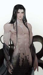 Rule 34 | 1boy, artist name, bishounen, black hair, black scales, black shawl, bloodybeni, closed mouth, fingernails, grey background, grey eyes, highres, lamia boy, long hair, looking at viewer, male focus, monster boy, nude, original, pointy ears, see-through, see-through shawl, sharp fingernails, shawl, simple background, snake boy, solo, toned, toned male, upper body, weibo watermark