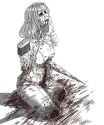 Rule 34 | 1girl, alea triscan, blonde hair, blood, blood on clothes, blood on face, blue eyes, death, long hair, pants, shirt, solo, the beginning after the end, white background, white pants, white shirt