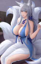 Rule 34 | absurdres, animal ear fluff, animal ears, azur lane, bare shoulders, blunt bangs, blush, breasts, cleavage, collarbone, dress, fox ears, fox girl, highres, kitsune, large breasts, long hair, looking at viewer, multiple tails, official alternate costume, purple eyes, shinano (azur lane), shinano (dreams of the hazy moon) (azur lane), side slit, sidelocks, silver hair, solo, tail, thighs, zaphn