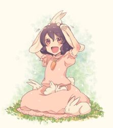 Rule 34 | 1girl, animal ears, atoki, brown eyes, brown hair, carrot, dress, hands on own head, happy, inaba tewi, on grass, open mouth, pink dress, rabbit, rabbit ears, rabbit girl, rabbit tail, short hair, short sleeves, sitting, smile, solo, tail, touhou, twitter username, white background