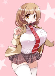 Rule 34 | 10s, 1girl, breasts, brown eyes, brown hair, hair ornament, hairclip, highres, huge breasts, looking at viewer, matching hair/eyes, narusawa ryouka, necktie, occultic;nine, open mouth, shirogane (platinum), shirt tucked in, short hair, skirt, smile, solo, thighhighs, thighs, white thighhighs