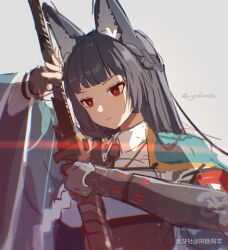 1girl absurdres animal_ear_fluff animal_ears artist_name black_gloves black_hair black_necktie blunt_bangs fingerless_gloves fox_ears fox_girl gloves green_jacket grey_background highres holding holding_sword holding_weapon hoshimi_miyabi jacket katana long_hair necktie red_eyes serious shirt sidelocks simple_background sketch solo sword upper_body weapon white_shirt yolanda zenless_zone_zero