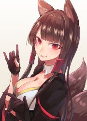 Rule 34 | 1girl, akagi (azur lane), animal ears, azur lane, bad id, bad pixiv id, black gloves, black hair, breasts, cleavage, detached collar, fellatio gesture, fox ears, fox shadow puppet, fox tail, from side, gloves, highres, japanese clothes, large breasts, long hair, looking at viewer, multiple tails, partially fingerless gloves, red eyes, smile, solo, tail, temoto, upper body