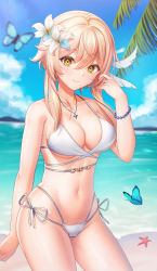 Rule 34 | 1girl, bare shoulders, beach, bikini, blonde hair, blush, bracelet, breasts, bug, butterfly, chisi, cleavage, cowboy shot, flower, genshin impact, hair between eyes, hair flower, hair ornament, highres, insect, jewelry, large breasts, looking at viewer, lumine (genshin impact), navel, ocean, short hair, short hair with long locks, side-tie bikini bottom, sidelocks, smile, solo, starfish, swimsuit, thighs, wet, white flower, yellow eyes