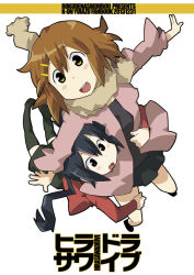 Rule 34 | 10s, 2013, 2girls, black hair, brown hair, dated, glomp, hirasawa yui, hug, k-on!, kazu3 (kazumin), long hair, multiple girls, nakano azusa, outstretched arms, short hair, spread arms, twintails, very long hair, winter clothes