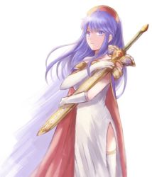 Rule 34 | 1girl, bare shoulders, blue eyes, blue hair, cape, dress, fire emblem, fire emblem: the binding blade, hat, holding, holding weapon, lilina (fire emblem), looking at viewer, nintendo, sheath, simple background, solo, sword, thighhighs, weapon, white dress, white hair, wspread