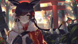 Rule 34 | 1girl, :d, animal ears, atago (azur lane), azur lane, black hair, breasts, highres, long hair, looking at viewer, mittens, mole, mole under eye, open mouth, outdoors, pandea work, smile, solo, teeth, torii, turret, yellow eyes