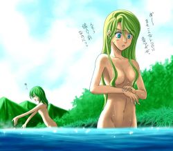 Rule 34 | 1990s (style), 2girls, bathing, blonde hair, breasts, censored, convenient censoring, covering privates, day, closed eyes, final fantasy, final fantasy iv, green hair, groin, hair over breasts, large breasts, long hair, multiple girls, nude, nude cover, outdoors, retro artstyle, river, rosa farrell, rydia (ff4), sky, soranokaze15, translation request, wading, water