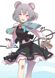 Rule 34 | 1girl, absurdres, animal ears, basket, black skirt, black vest, blush, capelet, dowsing rod, feet out of frame, grey hair, highres, holding, jewelry, kawayabug, looking at viewer, mouse (animal), mouse ears, mouse tail, nazrin, open mouth, pendant, petticoat, red eyes, shirt, short hair, simple background, skirt, smile, solo, standing, tail, teeth, touhou, upper teeth only, vest, white background, white shirt