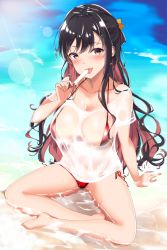 Rule 34 | 1girl, :p, arm support, bad id, bad twitter id, beach, bikini, black hair, blush, breasts, cleavage, collarbone, day, fang, food, groin, hair ribbon, head tilt, holding, holding food, kantai collection, large breasts, long hair, looking at viewer, multicolored hair, naganami (kancolle), navel, ocean, open mouth, outdoors, partially submerged, pink hair, popsicle, red bikini, ribbon, see-through, shirt, sidelocks, sitting, skindentation, smile, solo, stomach, sunlight, swimsuit, takaharu, thighs, tongue, tongue out, two-tone hair, wet, wet clothes, wet shirt, white shirt, yellow eyes