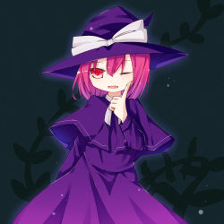 Rule 34 | 1girl, arm behind back, aura, capelet, cheek poking, contrapposto, dress, fang, finger to cheek, grey background, hat, hat ribbon, kirisame marisa, kirisame marisa (pc-98), long sleeves, looking at viewer, mare (shiori 3021), one eye closed, open mouth, pink hair, plant, poking, red eyes, red hair, ribbon, short hair, solo, standing, story of eastern wonderland, touhou, touhou (pc-98), vines, wink, witch hat