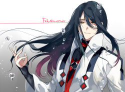 Rule 34 | 1boy, black hair, black shirt, bubble, fate/grand order, fate (series), gradient background, hair between eyes, jacket, kyouichi, long hair, looking at viewer, male focus, paracelsus (fate), red vest, shirt, upper body, very long hair, vest, white background, white jacket, yellow eyes