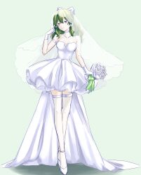 Rule 34 | 1girl, alternate hairstyle, arm strap, banana (8771207), bouquet, bow, choker, commentary request, crossed legs, dress, flower, gloves, green background, green bow, green ribbon, half-closed eyes, high heels, highres, holding, holding bouquet, looking to the side, purple eyes, ribbon, smile, solo, sousou no frieren, train (clothing), ubel (sousou no frieren), vest, watson cross, white bow, white choker, white dress, white footwear, white gloves, white vest
