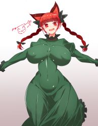 Rule 34 | 1girl, :d, animal ears, blunt bangs, bow, braid, breasts, cat ears, covered erect nipples, covered navel, dress, fang, gradient background, green dress, highres, huge breasts, kaenbyou rin, open mouth, pandain, red eyes, red hair, signature, simple background, skin fang, smile, solo, touhou, twin braids