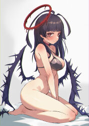 Rule 34 | 1girl, absurdres, ahoge, antenna hair, asakuraki, bags under eyes, bare arms, bare legs, bare shoulders, barefoot, bikini, black bikini, black hair, blood, blood halo, blue archive, blush, bottomless, breasts, cleavage, closed mouth, halo, highres, liquid halo, long hair, medium breasts, melting halo, navel, official alternate costume, red eyes, red halo, simple background, solo, swimsuit, tsurugi (blue archive), tsurugi (swimsuit) (blue archive), white background